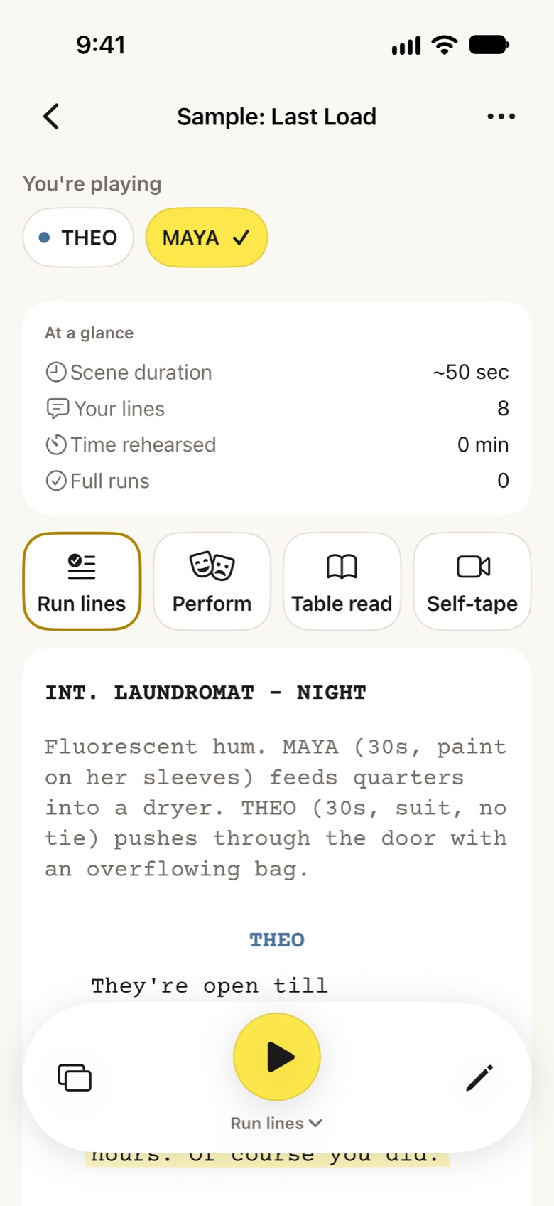 The script screen: you’re playing Maya, with Run lines, Perform, Table read and Self-tape, and the scene below.